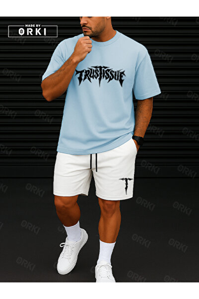EFFRENATU Orki Trust Issue – Oversize Men's Streetwear Light Blue T-Shirt & White Shorts Set
