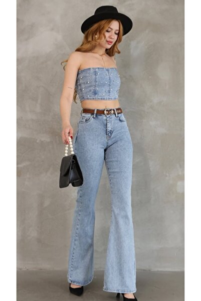 Weak Blue Pantaloni de damă talie înaltă evazat albastru deschis denim L material elastic pantaloni de blugi