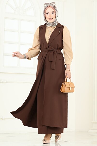 ModaMerve Kruvaze Yaka Etekli Takım 23022UKB139-MS Kahve