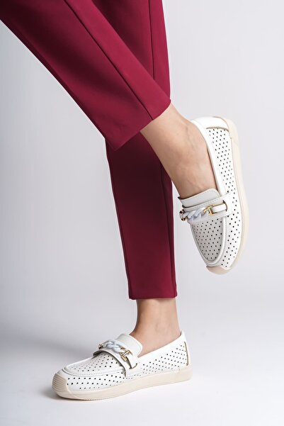 Joy Ayakkabı Lizy laceless orthopedic comfortable sole heart patterned women's flat shoes ckt - white