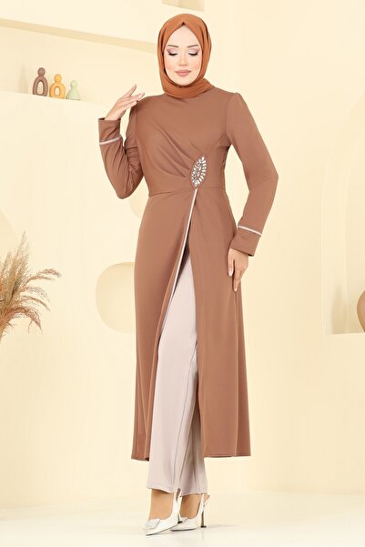 ModaMerve Taş Detaylı Yırtmaçlı Takım ASM2816-MS Taba&Vizyon