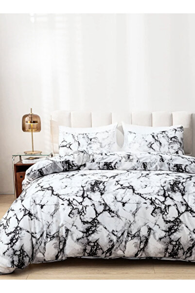 LUNA HOME طقم غطاء لحاف مكون من 6 قطع بمقاس كينج بتصميم رخامي باللونين الأبيض...