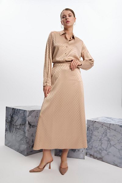 Zühre Monogram Patterned Beige Skirt Etk-0174
