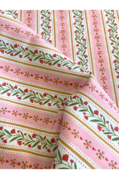 Favor Şeritli Pudra Zeminli Çiçek Desenli Kumaş