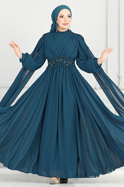 ModaMerve Güpür Detay Pelerinli Abiye 6640YG95-MS Petrol