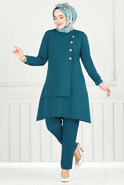 ModaMerve Aksesuar Düğmeli Tesettür Takım 23012UKB139-MS Petrol