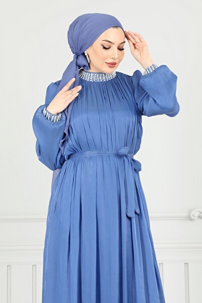 ModaMerve Yakası İncili Tesettür Abiye 6622YG95-MS Mavi