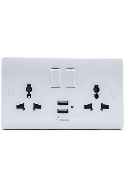Duravel Universal Double Wall Socket with 2 USB Ports, 5V 1100mA, White