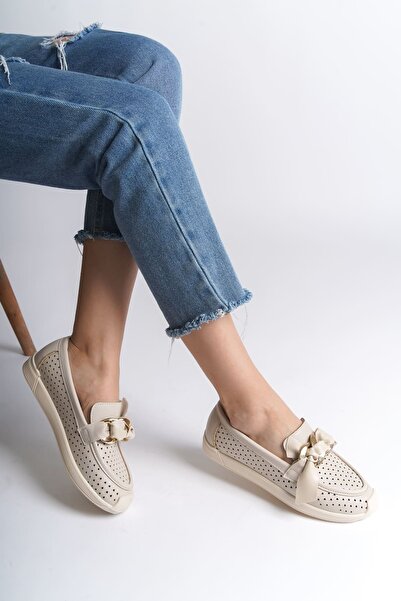 Joy Ayakkabı Lydia Laceless Orthopedic Comfortable Sole Heart Patterned Women's Ballerina Shoes Ckt - Cream