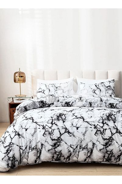 LUNA HOME Queen-Size 6-Piece Duvet Cover Bedding Set featuring a White and Grey Marble Design 200x230cm.