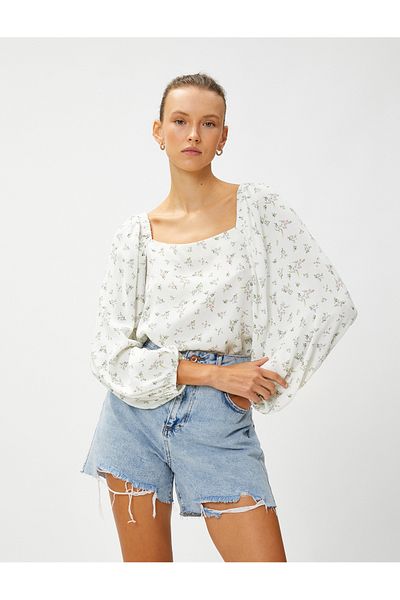 Koton Floral Blouse Square Neck Puff Sleeve