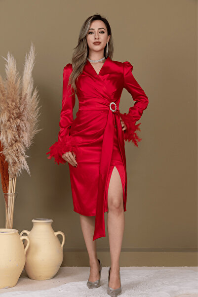 BEYBOS Saten Kumaş Otriş Detaylı Kalem Elbise - KIRMIZI