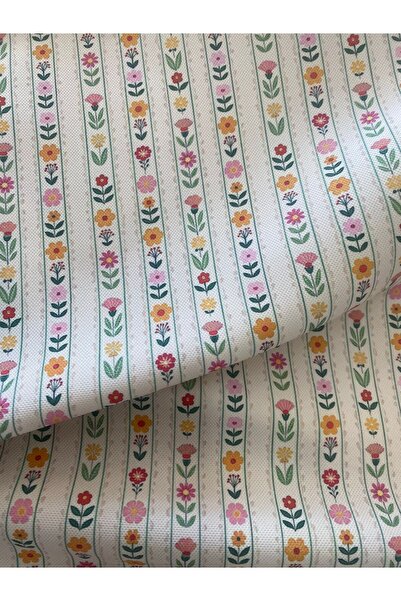 Favor Şeritli Ekru Zeminli Çiçek Desenli Kumaş