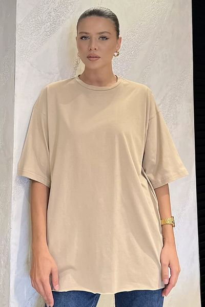GÜLSELİ Tricou casual de damă bej cu decolteu lateral cu fantă laterală