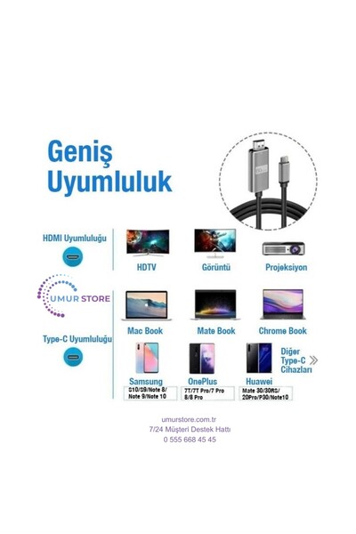 Herz 1.8 Metre Type-C To Hdmi 4K 60Hz Ses ve Görüntü Kablosu, Telefon, Tablet, Pc Hdmi Kablosu