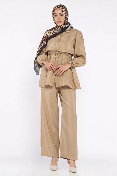 julude Beige Women's Gold Buttoned Waist Tie Detailed Tunic Trousers Hijab Double Suit (Compatible with S-M-L Sizes)