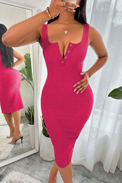 Mossta Φόρεμα Midi Camisole με λεπτομέρεια με χοντρό λουράκι - Φούξια