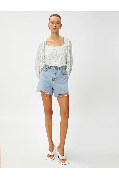 Koton Floral Blouse Square Neck Puff Sleeve