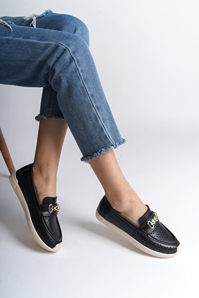 Joy Ayakkabı Lily Laceless Orthopedic Comfortable Sole Heart Patterned Women's Ballerina Shoes Ckt - Black