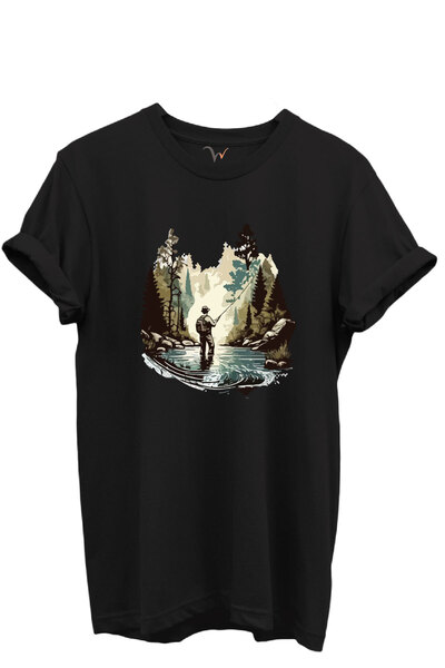 WİDİ Tricou unisex cu model de camping cu tematică de pescuit, 100% bumbac, c...