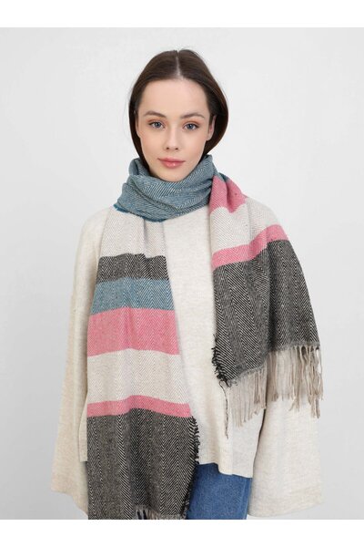Tuva Patterned Shoulder Shawl-Beige - Pink -
