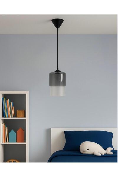 Fera Aydınlatma Noa Gri Cam Siyah Gövde Banyo Genç,Çocuk Odası Mutfak Hole Lüks Dekoratif Tekli Sarkıt Avize