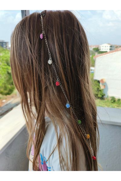 LORESİMA AKSESUAR Silver Color Rose Detail Hair Chain ​​(Chain ​​Length 45cm)