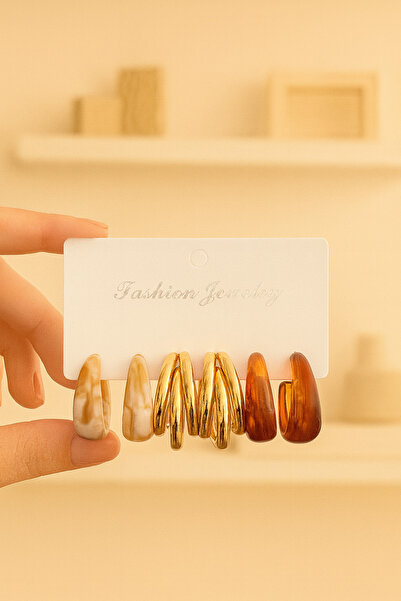 PABALAS Zarif Gold Renk 3 Halkalı Küpe ve Reçine Yuvarlak Tasarım 6'lı Küpe Set