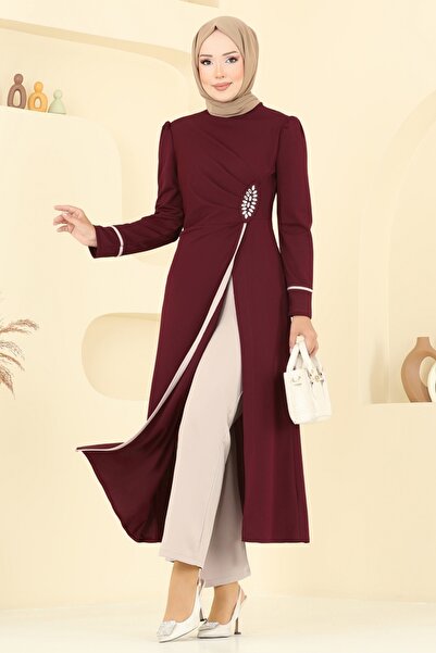 ModaMerve Taş Detaylı Yırtmaçlı Takım ASM2816-MS Bordo&Vizyon