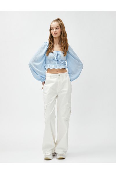 Koton Square Neck Ruffle Puff Sleeve Crop Blouse