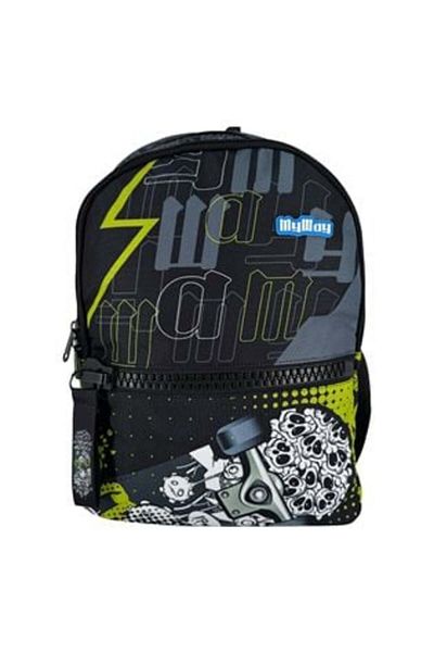 My Way Backpack Black Green Large Zipper Skateboard Skulls - My Way