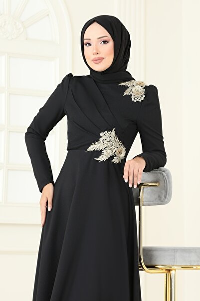 ModaMerve Gold Güpürlü Abiye Elbise ASM2812-MS Siyah