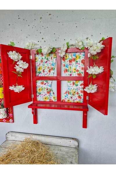 Home Kırmızı el boyaması ahşap panjurlu pencere, perdeli,balkon duvar dekoru