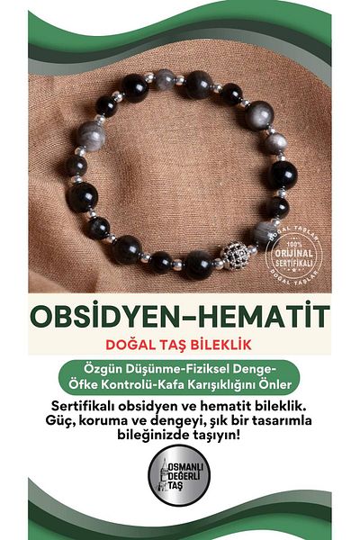 OSMANLI DEĞERLİ TAŞ Certified Obsidian-Hematite Natural Stone Bracelet 6-8 mm