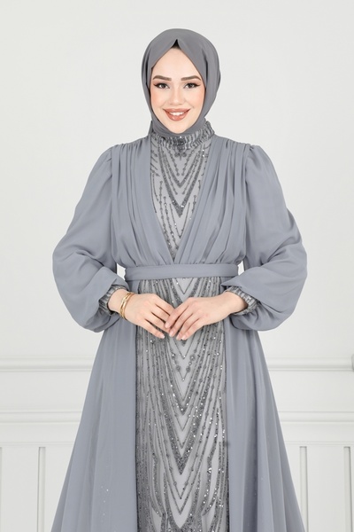 ModaMerve Sim Detay Pelerinli Abiye 6630YG95-MS Gri