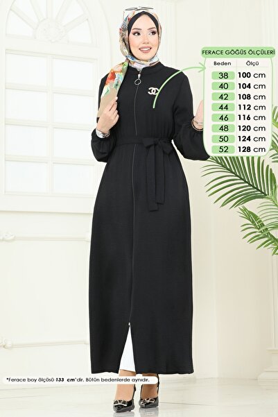 ModaMerve Önden Fermuarlı Pardesü Ferace PL9153-MS Siyah