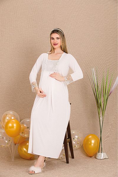 Lady Lingerie Long Sleeve, Lace, Button Collar Maternity-Nightdress
