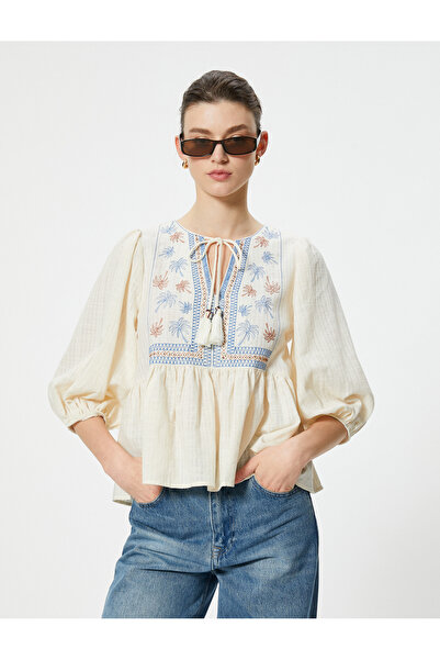 Koton Women's Beige Embroidered Blouse