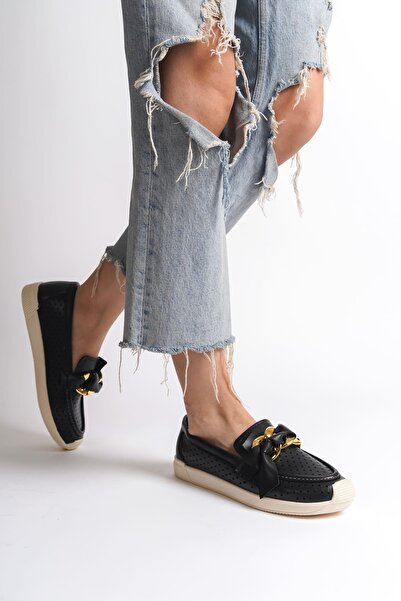 Joy Ayakkabı Lydia Laceless Orthopedic Comfortable Sole Heart Patterned Women's Ballerina Shoes Ckt - Black