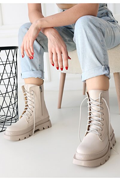 Zerenyus Orge Beige Lace-Up Women's Boots