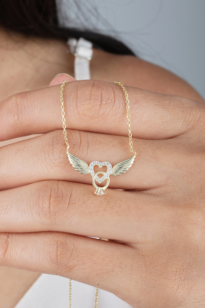 TALMİRA 925 Ayar Gümüş Altın Kaplama Melek Kanatlı Kalp Tek Taş Kolye Işıklı ...