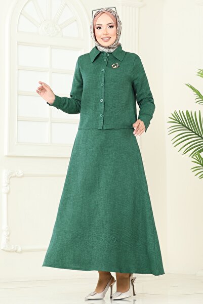 ModaMerve Gömlek Detaylı Elbise Takım PL9157-MS Zümrüt
