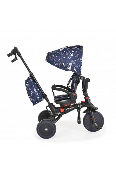 byox Pluto Blue foldable children's tricycle, with rotating seat and adjustable backrest, rubber wheels