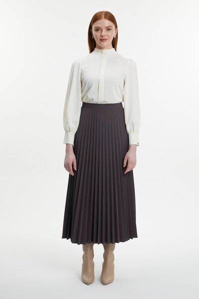 Zühre Pleated Patterned Anthracite Skirt Etk-0155