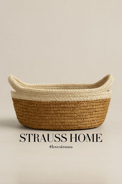 Strauss Home Natural Wicker Basket – White Detailed |   30X18X12Cm |   Handmade Decorative Storage Basket