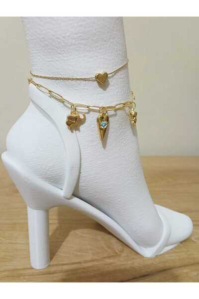OLEN Women's Steel Anklet Set of 2 – Heart, Eye and Elephant Detail