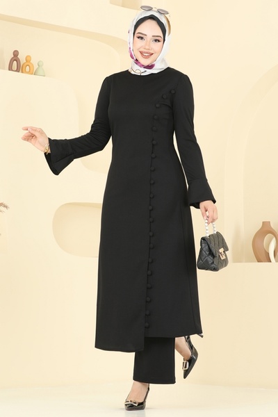 ModaMerve Düğme Detaylı Dabıl Takım ASM2817-MS Siyah