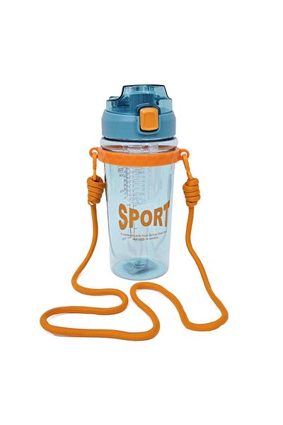 B4U Sticla transparenta apa copii, pop-up flip-top cu pai, sport, cu snur, albastru, 800 ml SH0959