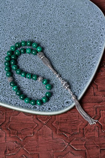 Saff Doğal Taş Certified Malahite Imameli Tassel Prayer Beads