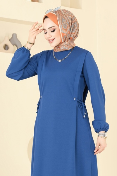 ModaMerve Beli Bağcıklı Krep Elbise 23001UKB139-MS İndigo